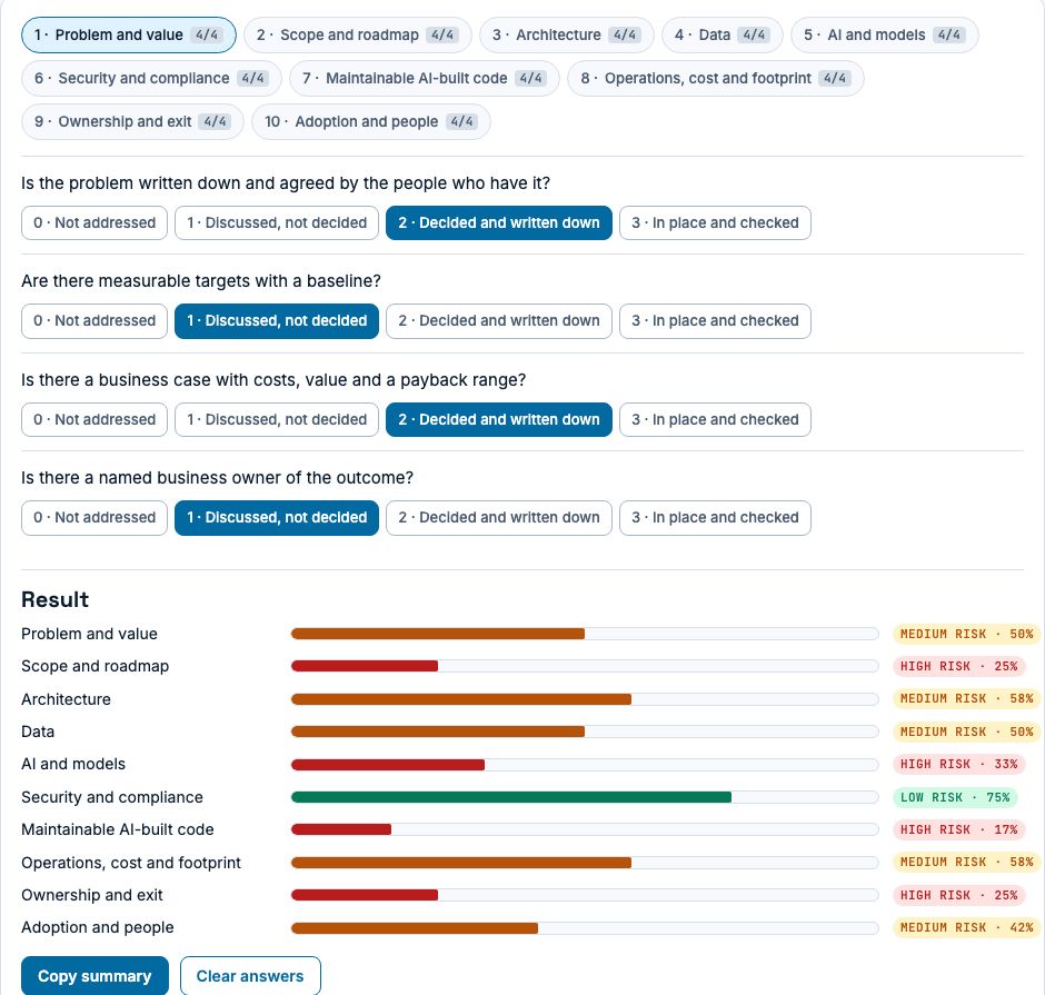 The Keel review tool, scoring all ten Shanova Keel pillars as high, medium or low risk, shown with sample answers.